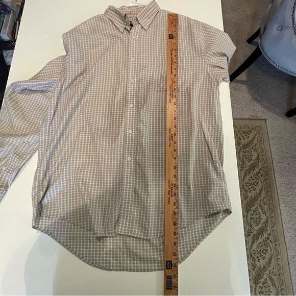 LANDS END BUTTON UP SHIRT 16.5-35 TAN BLUE CREAM - Picture 4 of 11